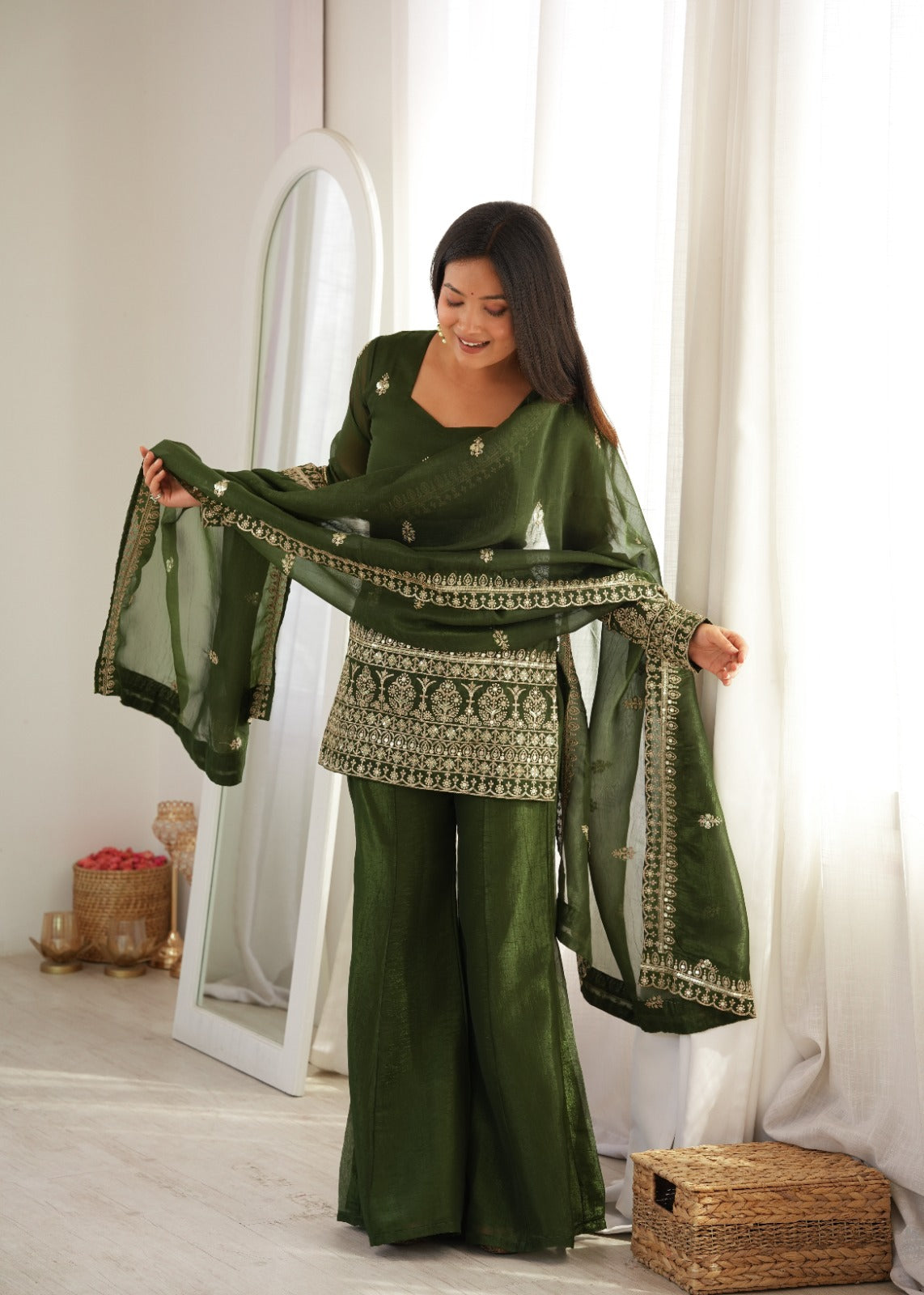 Embroidered Crunchy Silk Kurta and Bell Bottom Pant Set with Dupatta – Bottle Green