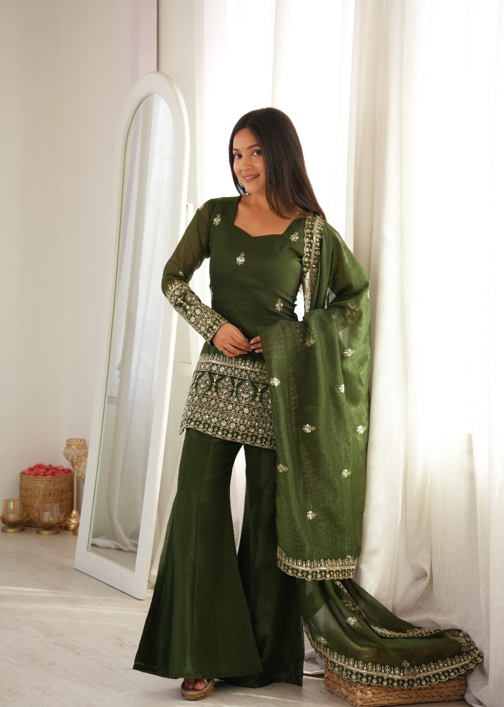 Embroidered Crunchy Silk Kurta and Bell Bottom Pant Set with Dupatta – Bottle Green