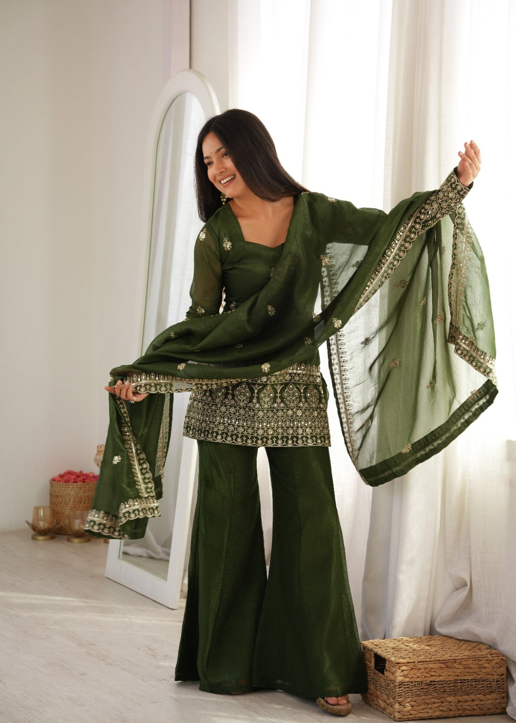 Embroidered Crunchy Silk Kurta and Bell Bottom Pant Set with Dupatta – Bottle Green