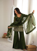 Embroidered Crunchy Silk Kurta and Bell Bottom Pant Set with Dupatta – Bottle Green