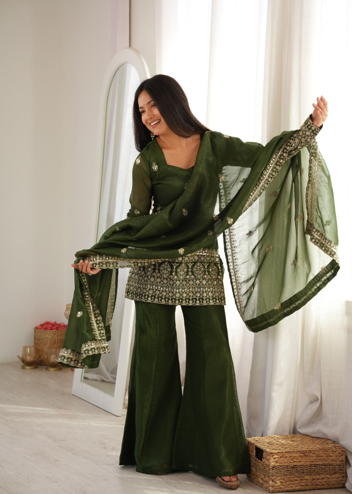 Embroidered Crunchy Silk Kurta and Bell Bottom Pant Set with Dupatta – Bottle Green