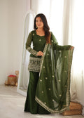 Embroidered Crunchy Silk Kurta and Bell Bottom Pant Set with Dupatta – Bottle Green