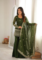 Embroidered Crunchy Silk Kurta and Bell Bottom Pant Set with Dupatta – Bottle Green