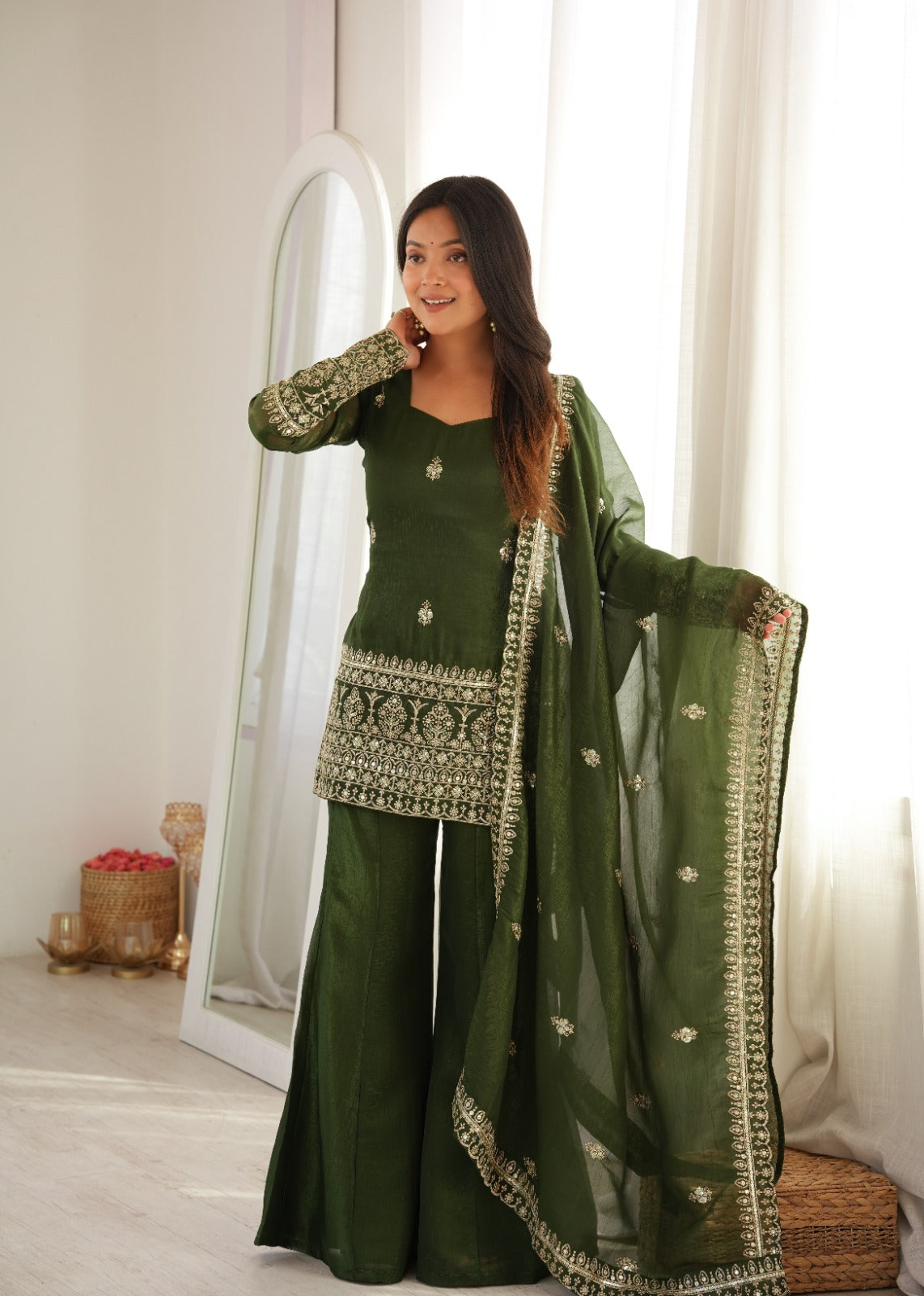 Embroidered Crunchy Silk Kurta and Bell Bottom Pant Set with Dupatta – Bottle Green