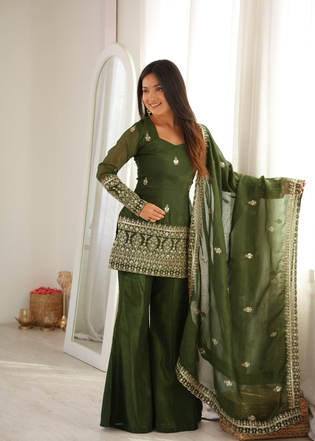 Embroidered Crunchy Silk Kurta and Bell Bottom Pant Set with Dupatta – Bottle Green