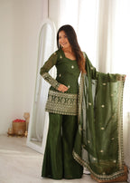 Embroidered Crunchy Silk Kurta and Bell Bottom Pant Set with Dupatta – Bottle Green