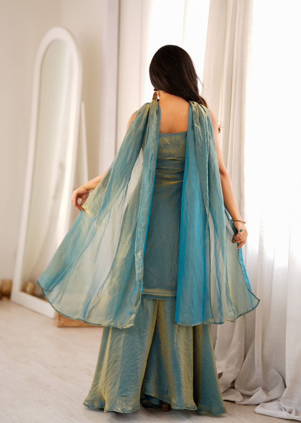Embroidered Fendy Silk Kurta and Flared Sharara Set with Dupatta