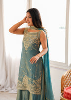 Embroidered Fendy Silk Kurta and Flared Sharara Set with Dupatta