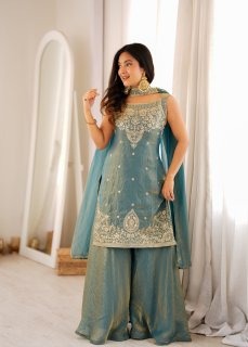 Embroidered Fendy Silk Kurta and Flared Sharara Set with Dupatta