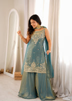 Embroidered Fendy Silk Kurta and Flared Sharara Set with Dupatta