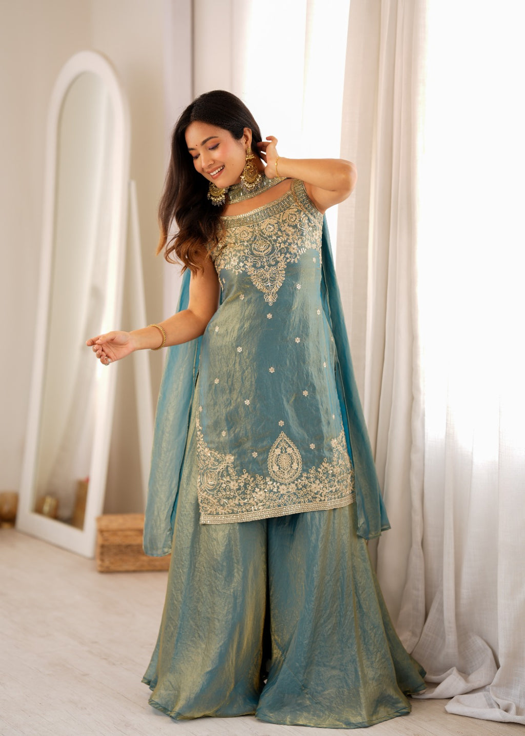 Embroidered Fendy Silk Kurta and Flared Sharara Set with Dupatta