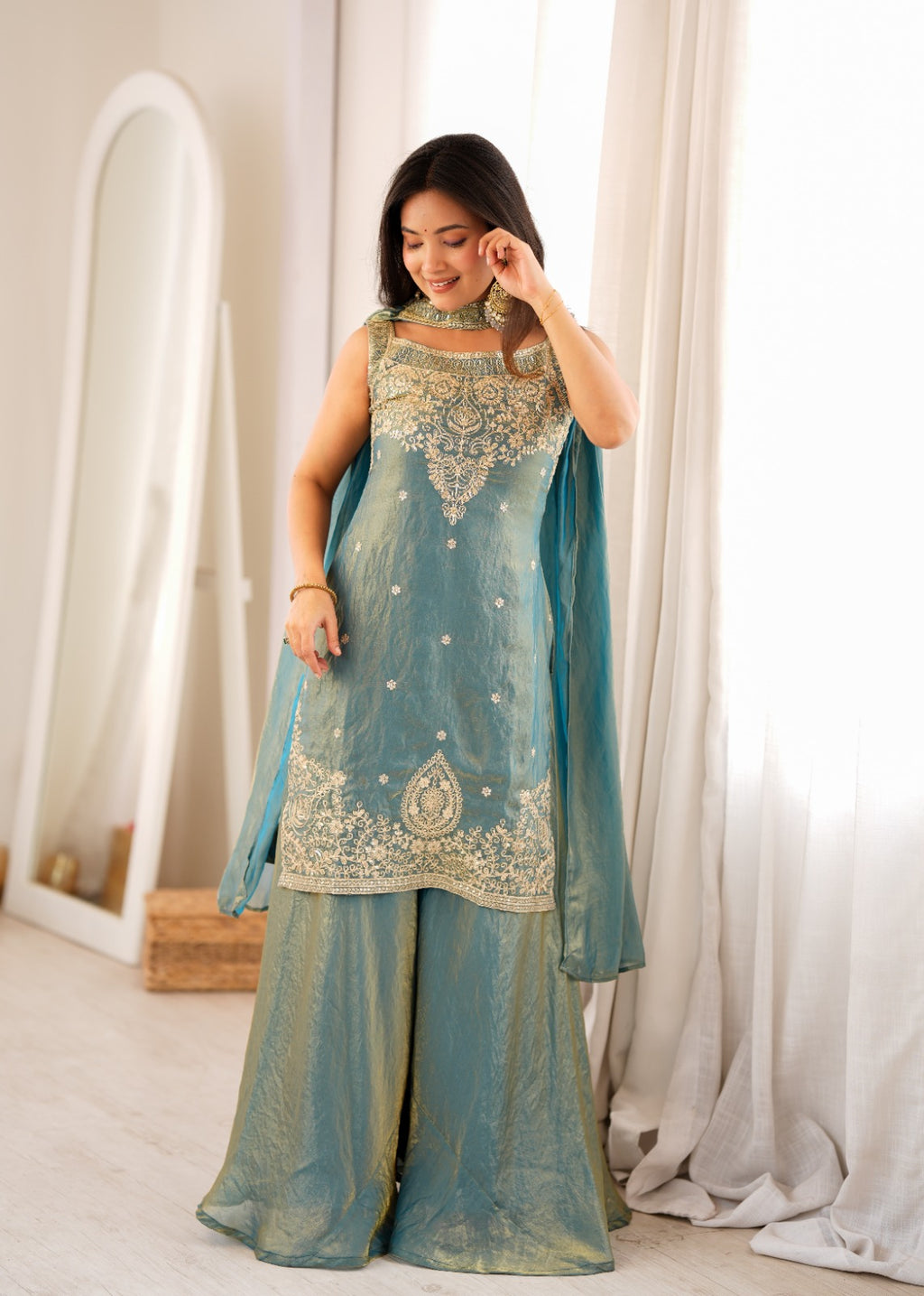 Embroidered Fendy Silk Kurta and Flared Sharara Set with Dupatta