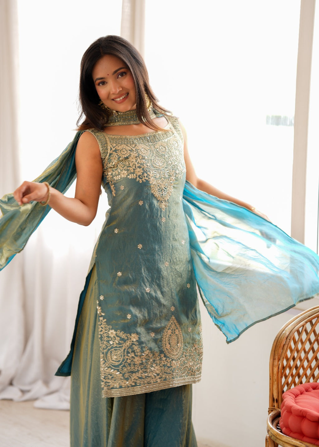 Embroidered Fendy Silk Kurta and Flared Sharara Set with Dupatta