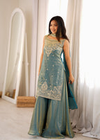 Embroidered Fendy Silk Kurta and Flared Sharara Set with Dupatta