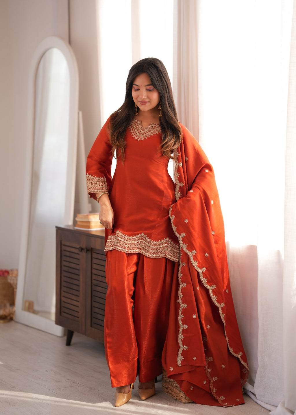 Royal Glass Roman Silk Farshi Shalwar Suit Set | Embroidered 3-Piece Ready to Wear