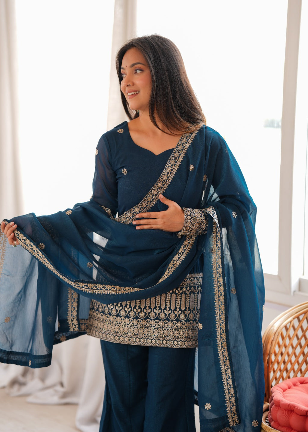 Women’s Pure Crunchy Silk Zari Embroidered Bell Bottom Suit Set | Festive Wedding Wear