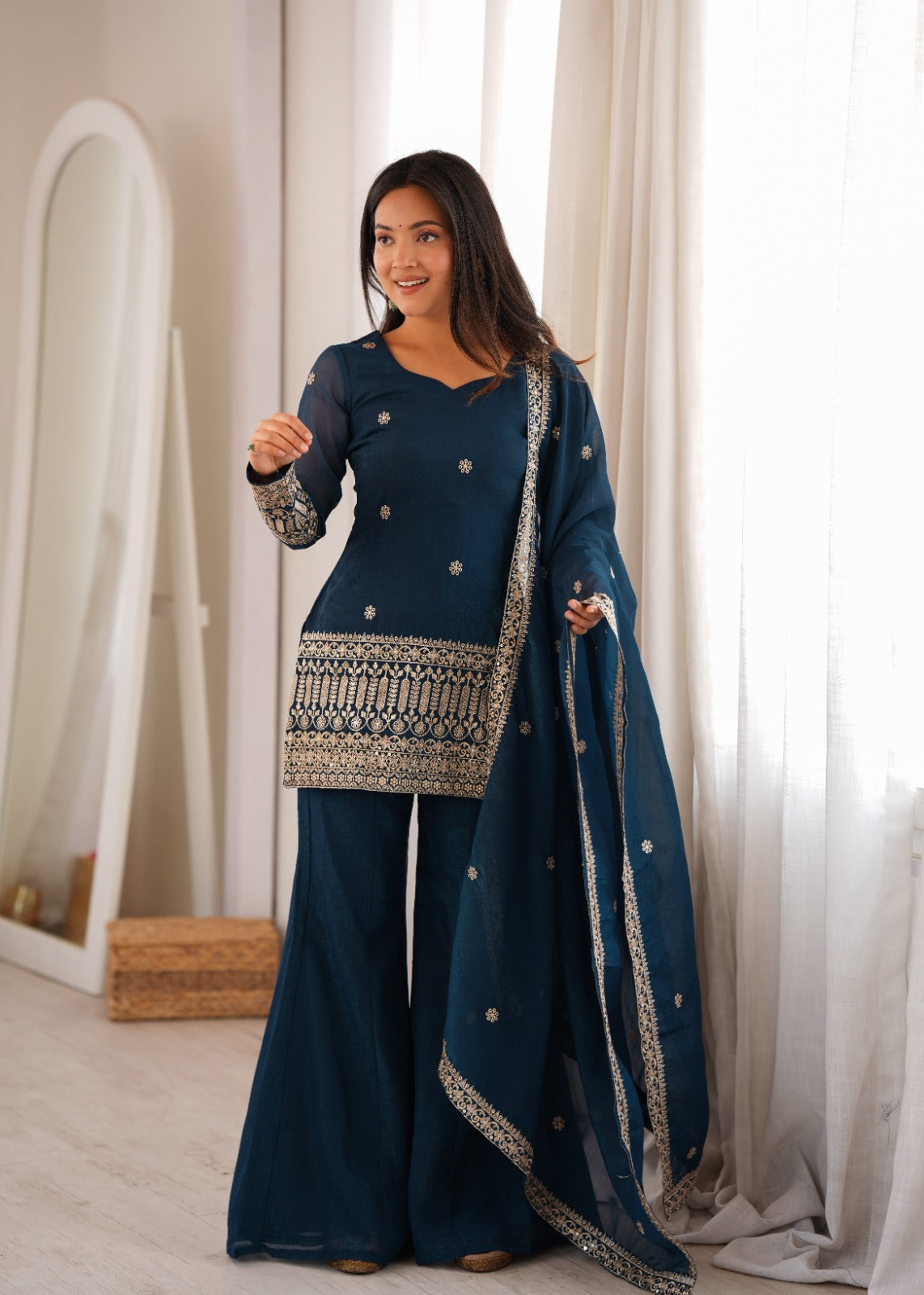Women’s Pure Crunchy Silk Zari Embroidered Bell Bottom Suit Set | Festive Wedding Wear
