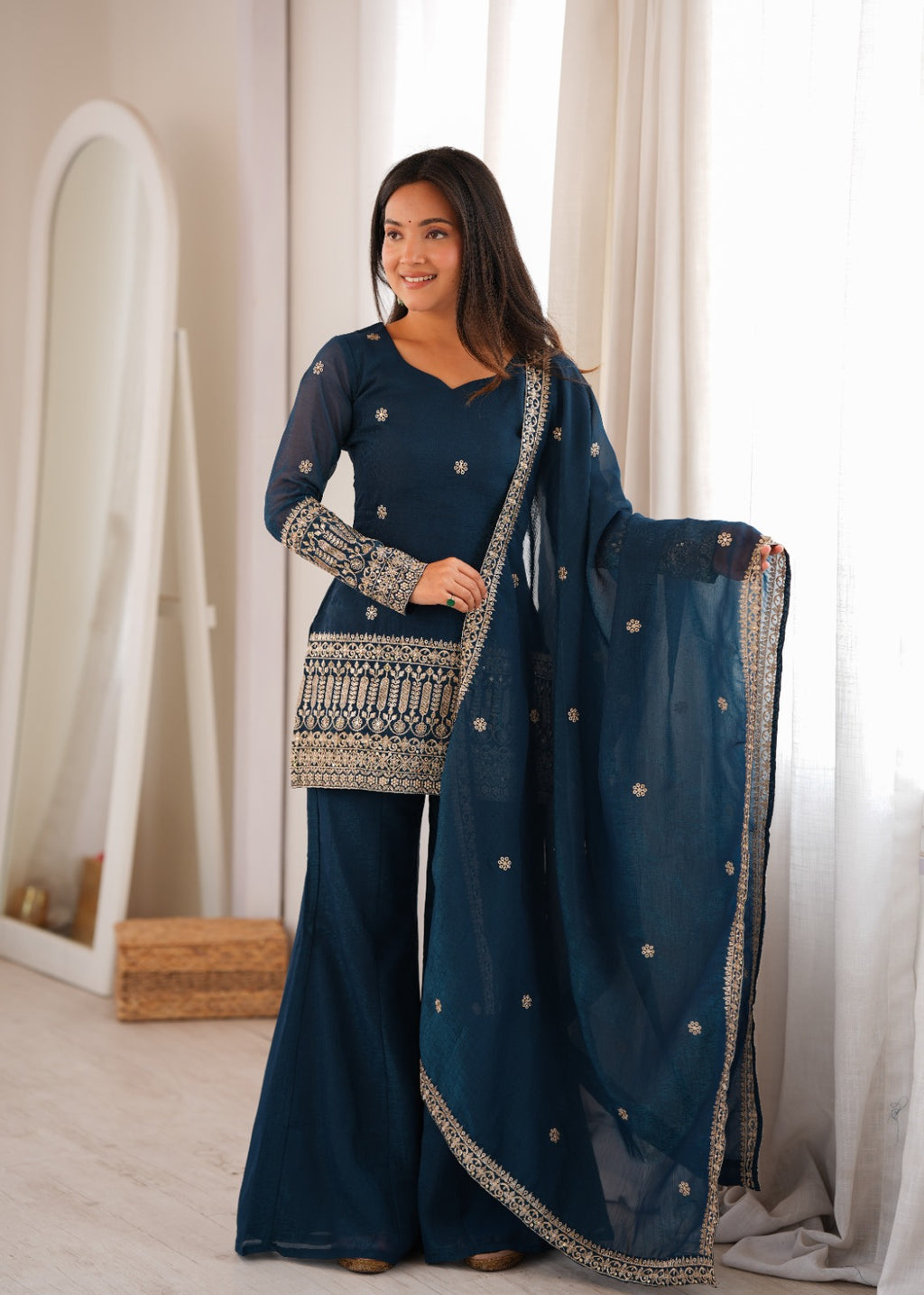 Women’s Pure Crunchy Silk Zari Embroidered Bell Bottom Suit Set | Festive Wedding Wear