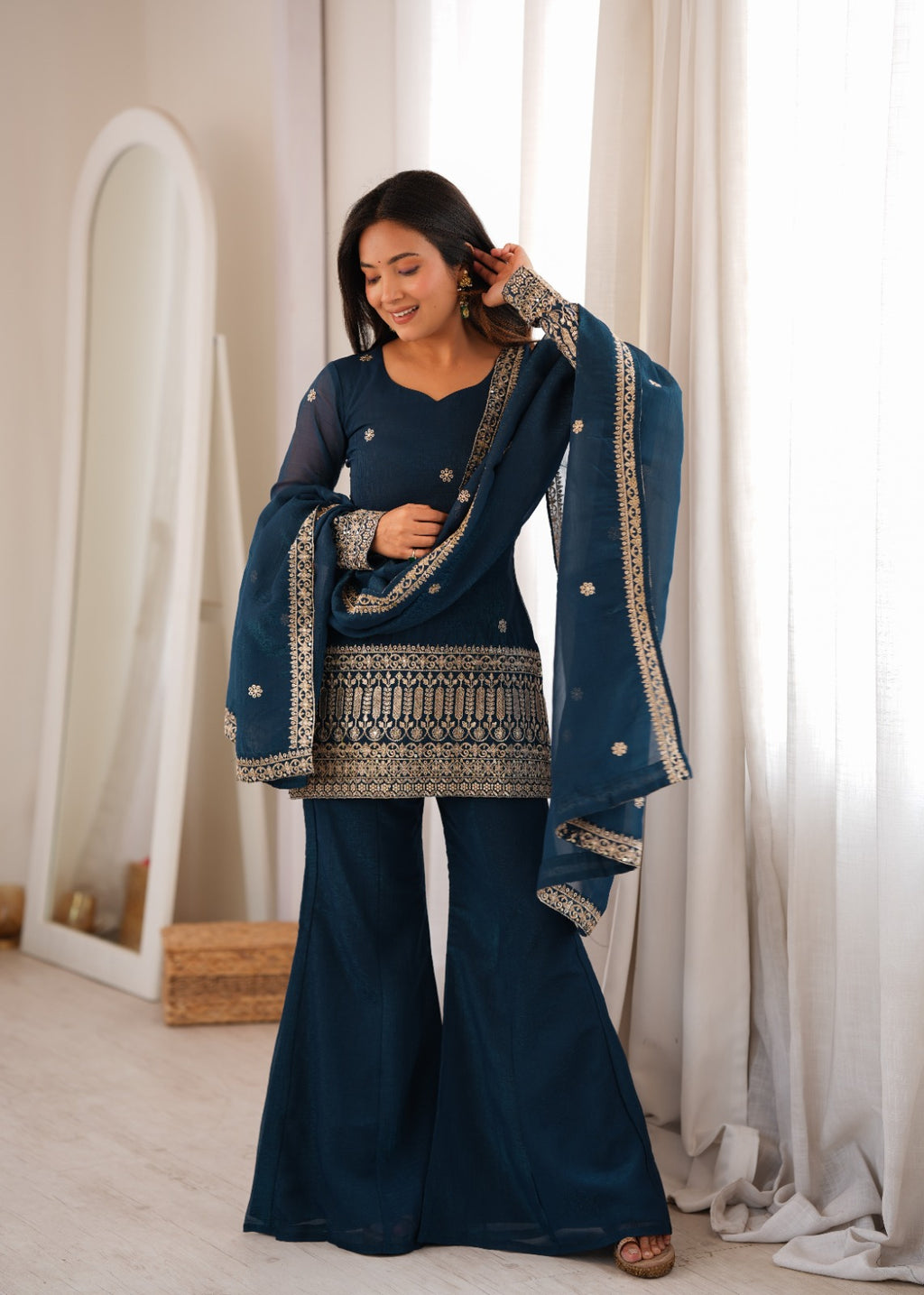 Women’s Pure Crunchy Silk Zari Embroidered Bell Bottom Suit Set | Festive Wedding Wear
