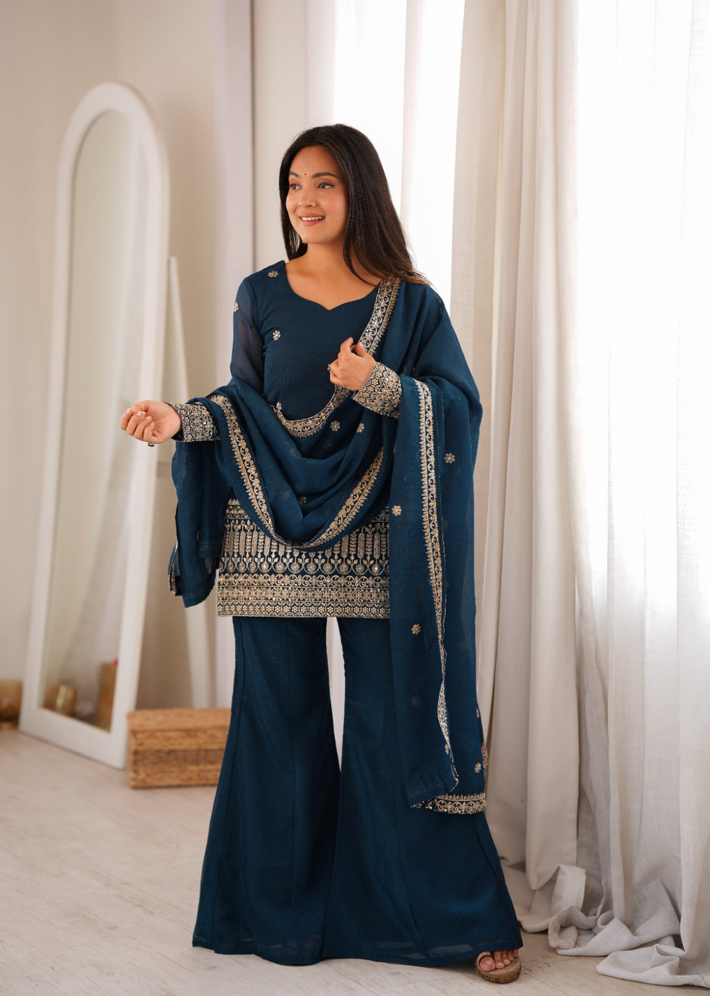 Women’s Pure Crunchy Silk Zari Embroidered Bell Bottom Suit Set | Festive Wedding Wear