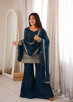 Women’s Pure Crunchy Silk Zari Embroidered Bell Bottom Suit Set | Festive Wedding Wear